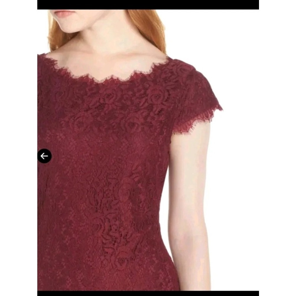 Eliza J Burgundy Lace Sheath Dress Cap Sleeve Scalloped Eyelash Trim Size 12 - Picture 4 of 12